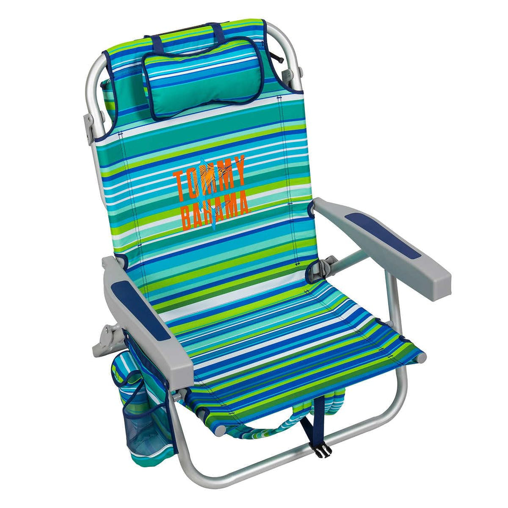 Tommy Bahama 5-Position Beach Chair (Green Stripes) with backpack straps for effortless beach trips.