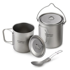 TOMSHOO titanium pot with foldable handle for extended backpacking versatility.