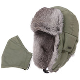 TOP-EX oversize rabbit fur ushanka in army green, front view for extreme cold warmth.