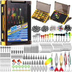 TOPFORT 356PCS fishing kit full setup shows comprehensive organization for varied rigs.