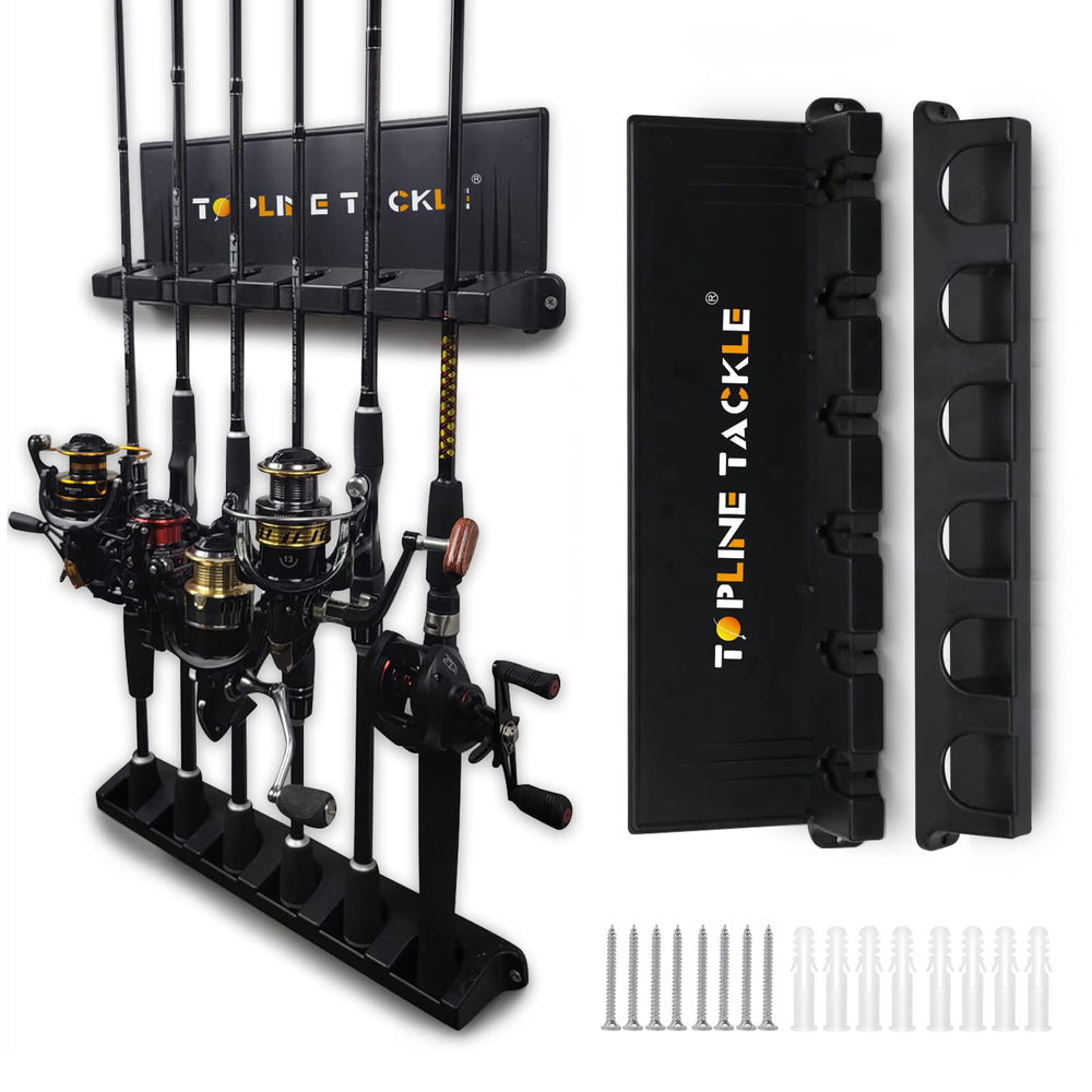 Topline Tackle wall-mounted vertical rod holders on garage wall