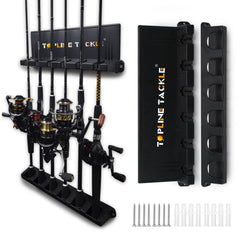 Topline Tackle wall-mounted vertical rod holders on garage wall