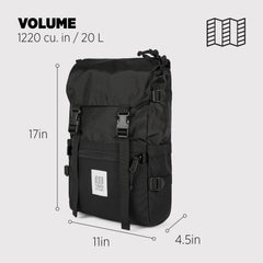 Topo Designs Rover Pack Classic side buckle view highlights secure compression for day trips and hikes.