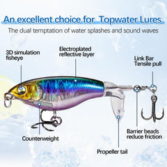 Bright yellow topwater lure with black stripes and red accents
