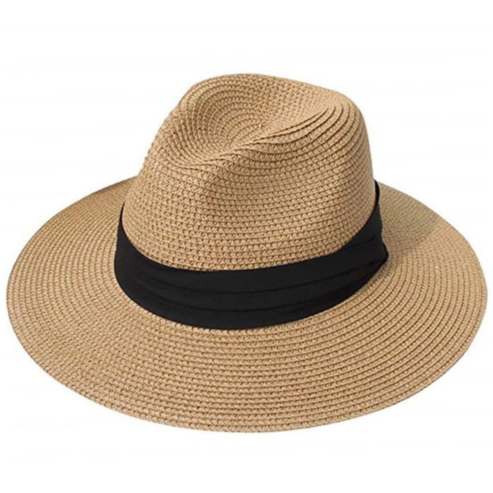 TOPWEL Women Fedora Sun Hat khaki front view with black ribbon