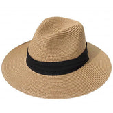 TOPWEL Women Fedora Sun Hat khaki front view with black ribbon