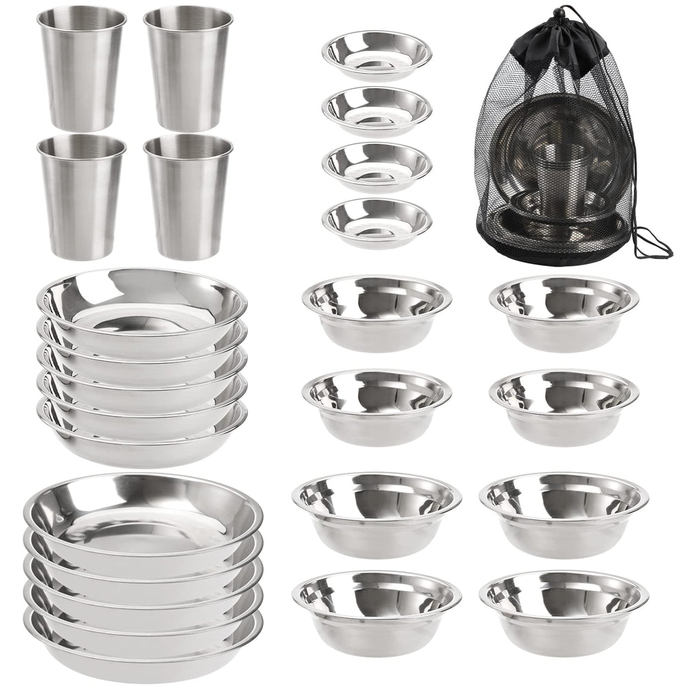 TopZea camping plates-bowls-setup shows 26-piece set for outdoor meals with durable stainless steel.