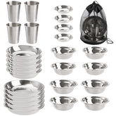 TopZea camping plates-bowls-setup shows 26-piece set for outdoor meals with durable stainless steel.