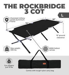 Tough Outdoors Evergreen camping cot close-up canvas highlights durable 600D fabric.