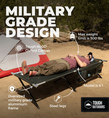 Tough Outdoors Evergreen cot XL setup view showing quick assembly for camping trips