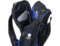 Tough1 Backpack Royal Blue helmet pouch view demonstrates clip-equipped mesh pocket for helmet.
