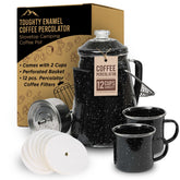 Toughty enamel coffee percolator over campfire for rich outdoor brews