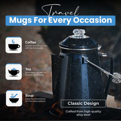 Toughty enamel cups included for sharing coffee on trips