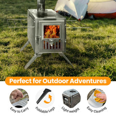 TOUNTO wood stove in-use flame view offers warm ambiance while cooking in a small space
