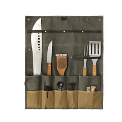 Tourbon canvas cutlery pouch hanging open shows organized camping utensils.