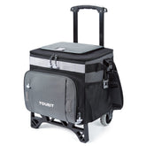 TOURIT 50-can collapsible wheeled cooler with lid open showing easy access to drinks.