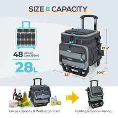TOURIT Collapsible 48-Can Rolling Cooler cart-extended demonstrates stable transport on sand or grass.