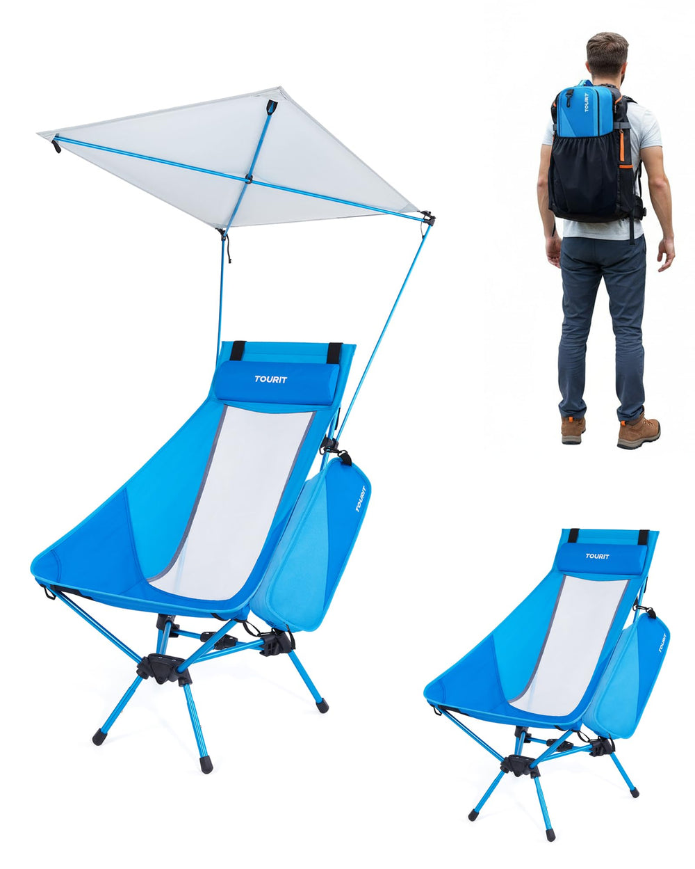 Tourit folding beach chair with sunshade provides portable shade on sunny beach days.
