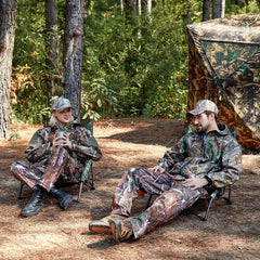 TR low camping chair camo folded in a carry bag for easy transport.