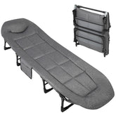 TrailBlaze 75-inch camping cot with cushion and pillow for plush outdoor comfort.