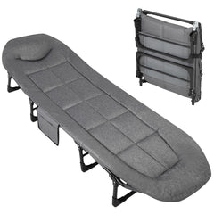 TrailBlaze 75-inch camping cot with cushion and pillow for plush outdoor comfort.