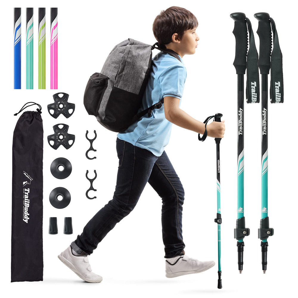 TrailBuddy collapsible poles extended for tall hikers with adjustable height.