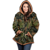 TrailCrest Aztec Western women's jacket camo hood provides warm comfort for outdoor hikes.