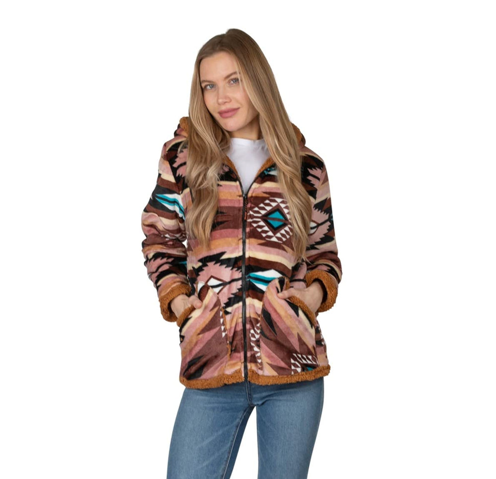 TrailCrest Ladies Smart Plush Sherpa Hooded Jacket front view—cozy fleece warmth