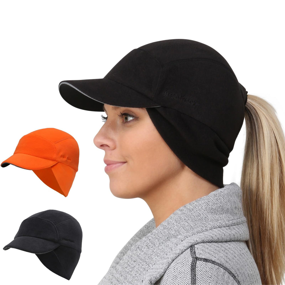 TrailHeads fleece ponytail hat in black keeps ears warm on winter runs.