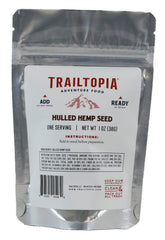 Trailtopia hulled hemp seed side pack closeup for long shelf life and outdoor meals.