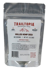 Trailtopia hulled hemp seed side pack closeup for long shelf life and outdoor meals.