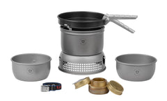 Trangia 27-3 ultralight stove kit assembly for compact backcountry cooking versatility.