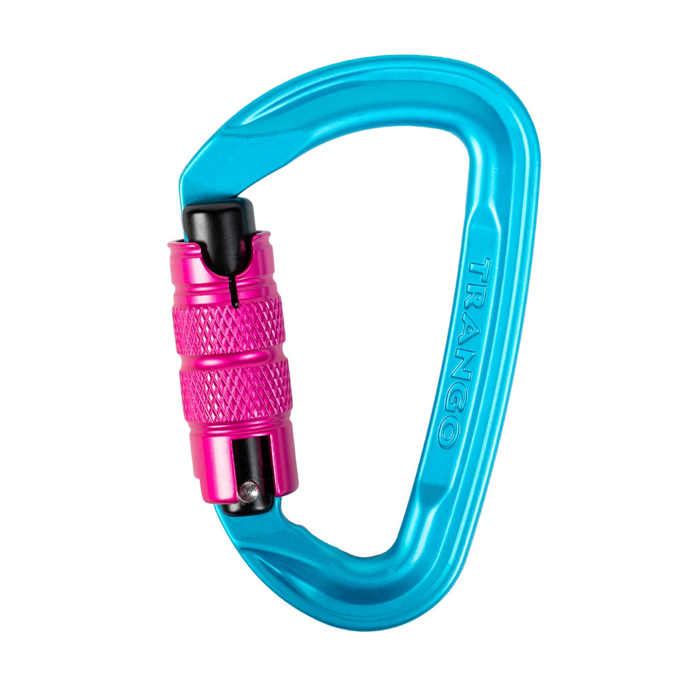 TRANGO Superfly Evo autolock carabiner cyan-pink for hands-free belays.
