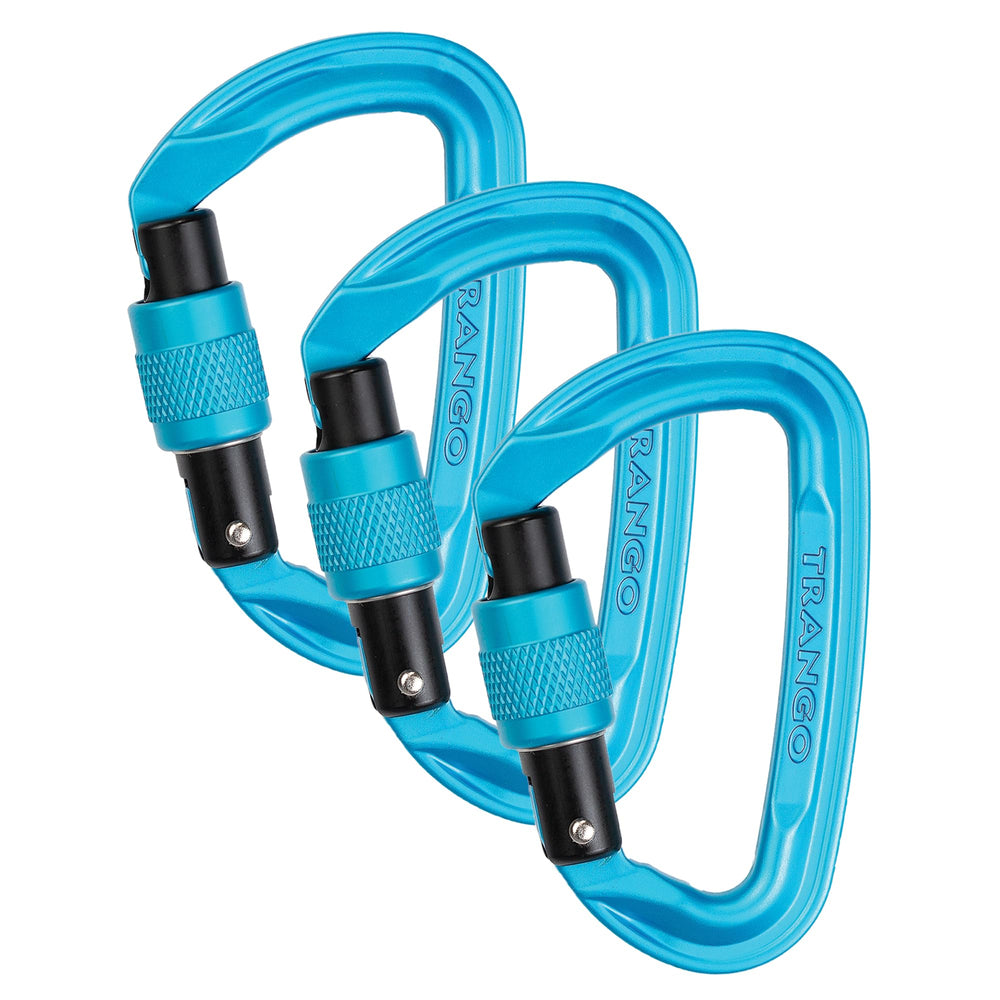 Trango Superfly EVO carabiner in cyan with screwgate for secure clipping on routes