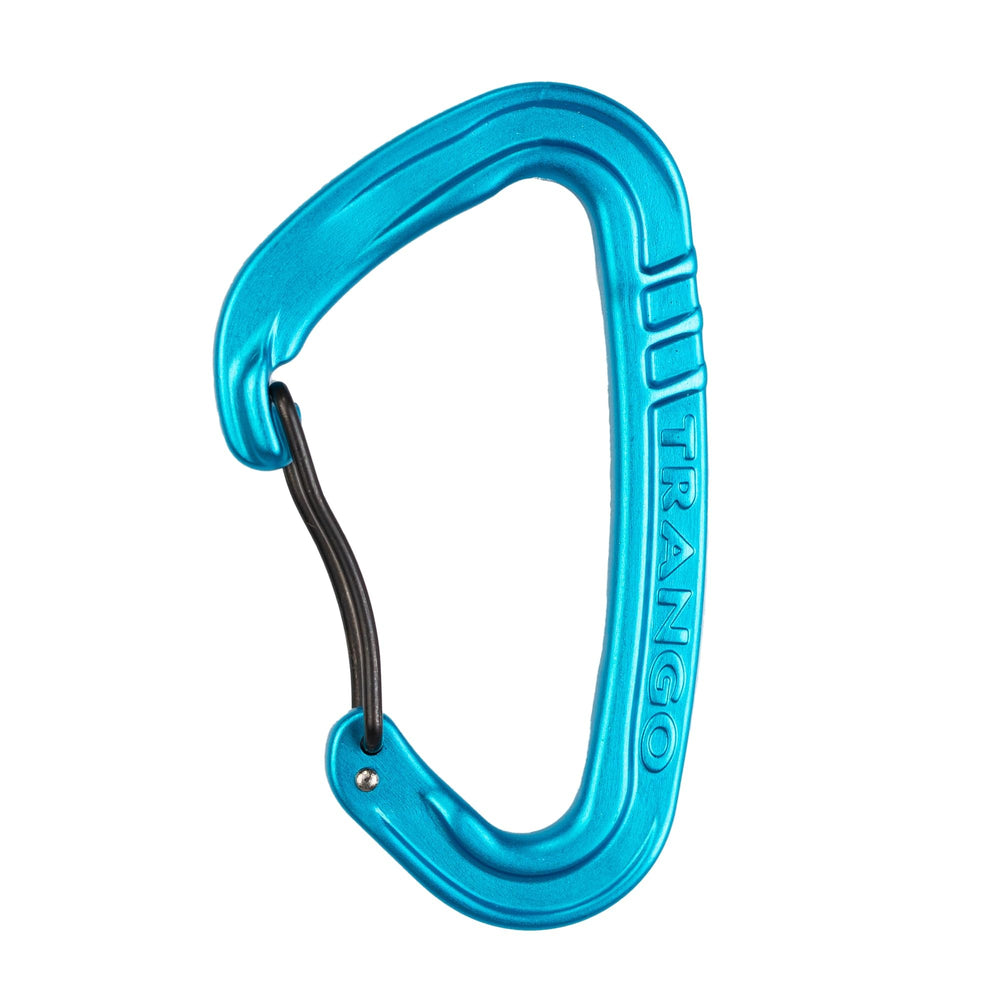 TRANGO Vector cyan carabiner showing gate opening for quick rope insertion.