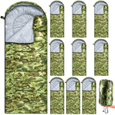 Tranqun camouflage sleeping bag bulk pack laid flat for camping and charity use.