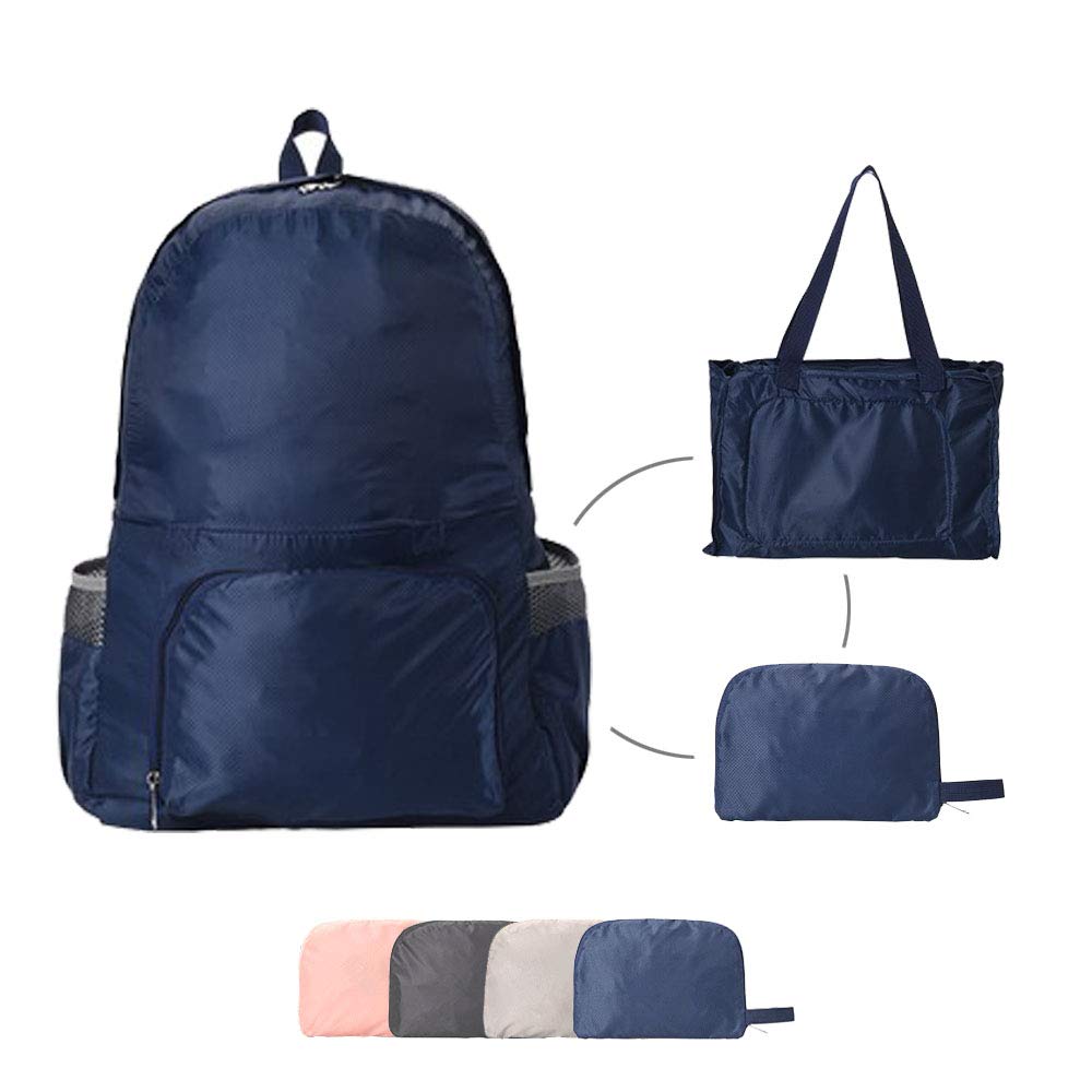 Travel Lite foldable backpack navy front view showing versatility and compact storage.