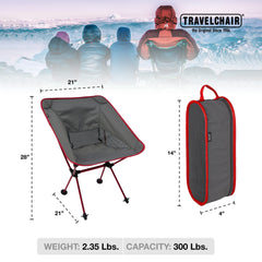 Travel Chair Joey Chair angled view highlights stable aluminum frame and comfort.