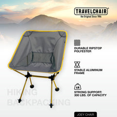 Travel Chair Joey in use at campsite, quick, comfortable seating.
