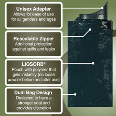 TravelJohn Adventurer LIQSORB pouch absorbs liquid and gels safely.