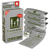 TravelJohn resealable urinal bags highlight 28oz capacity for mess-free travel.