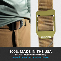 Trayvax Cinch Belt mil-spec nylon webbing showcases lightweight, sturdy construction for daily wear.
