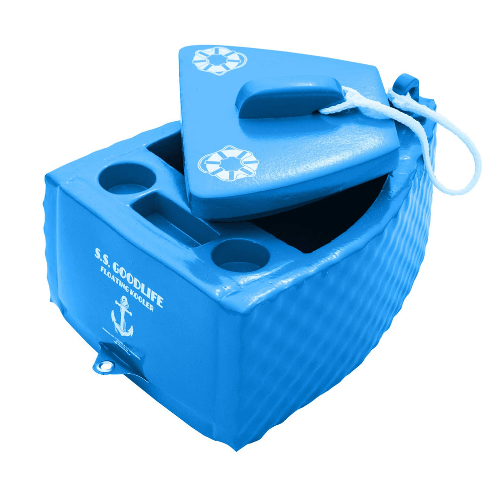 TRC Recreation Goodlife Drink Kooler blue floating in water keeps beverages icy cold for hours.
