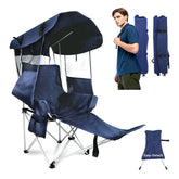 The Treasmap folding camping chair with canopy navy front view showcases sun protection for beach days.