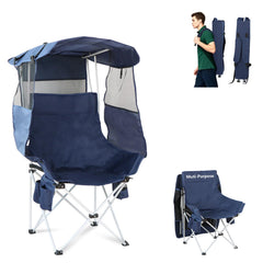 The Treasmap folding camping chair canopy setup offers 360-degree sun protection for outdoor lounging.