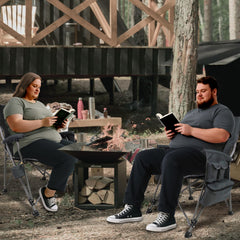 The Treasmap heated chair side view emphasizes sturdy legs and stability on uneven ground