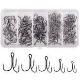 Treble hooks assortment box with 150pcs in sizes 4-12, black
