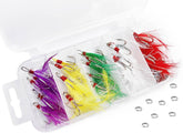 Feather dressed treble hooks with split rings for lure making