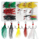 50-piece Treble Fishing Hooks Feather Kit with round bend dressed treble hooks