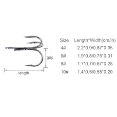 Wide-gap treble hooks set in sizes 4# to 10# for freshwater and saltwater